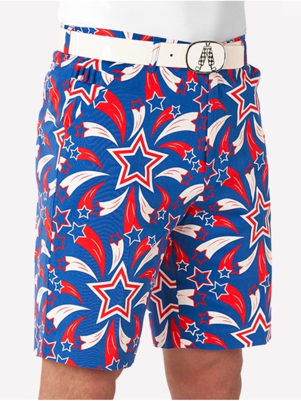 NWOT Royal & Awesome Shooting Pars Golf Shorts Red White Blue Stars SZ 38